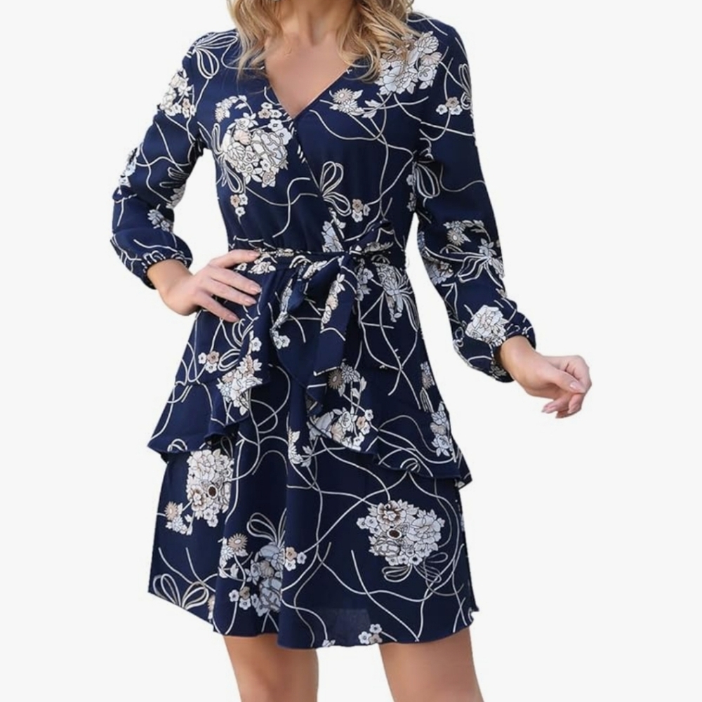Floral Faux Wrap Navy Dress With Belt